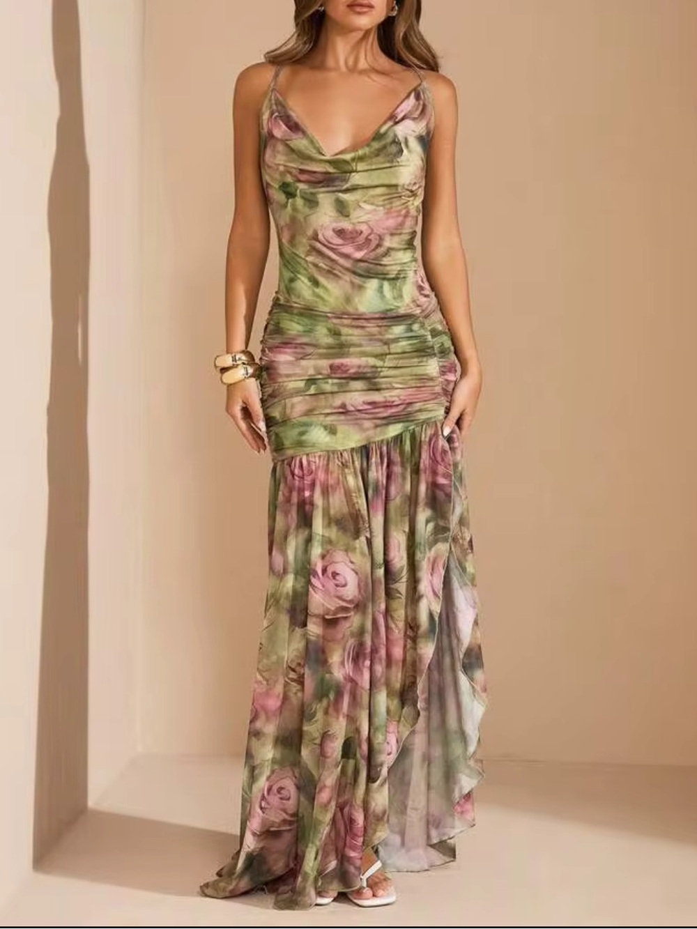 NWT SHEIN Floral Cowl Neck Mesh Maxi Dress in Green and Pink